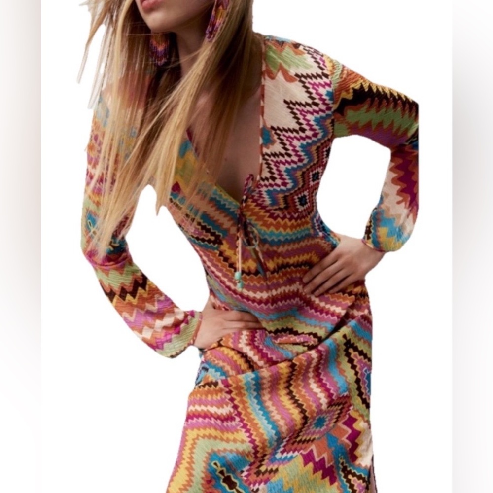 Zara Multicolor V-neck Geometrical Print Dress - Picture 4 of 10